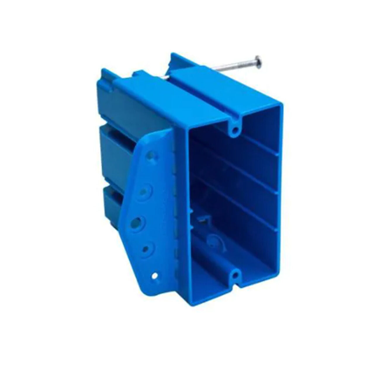 A blue Go Build 1-Gang 24.5 cu. in. PVC New/Old Work Electrical Box with mounting holes and side wings is set against a white background, with a metal screw partially inserted into the top.